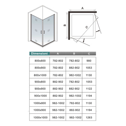 Box Doccia Angolare Alto 200cm Due Porte a Battente Vetro da 8 mm Temperato Anticalcare Telaio Nero Opaco Varie Misure