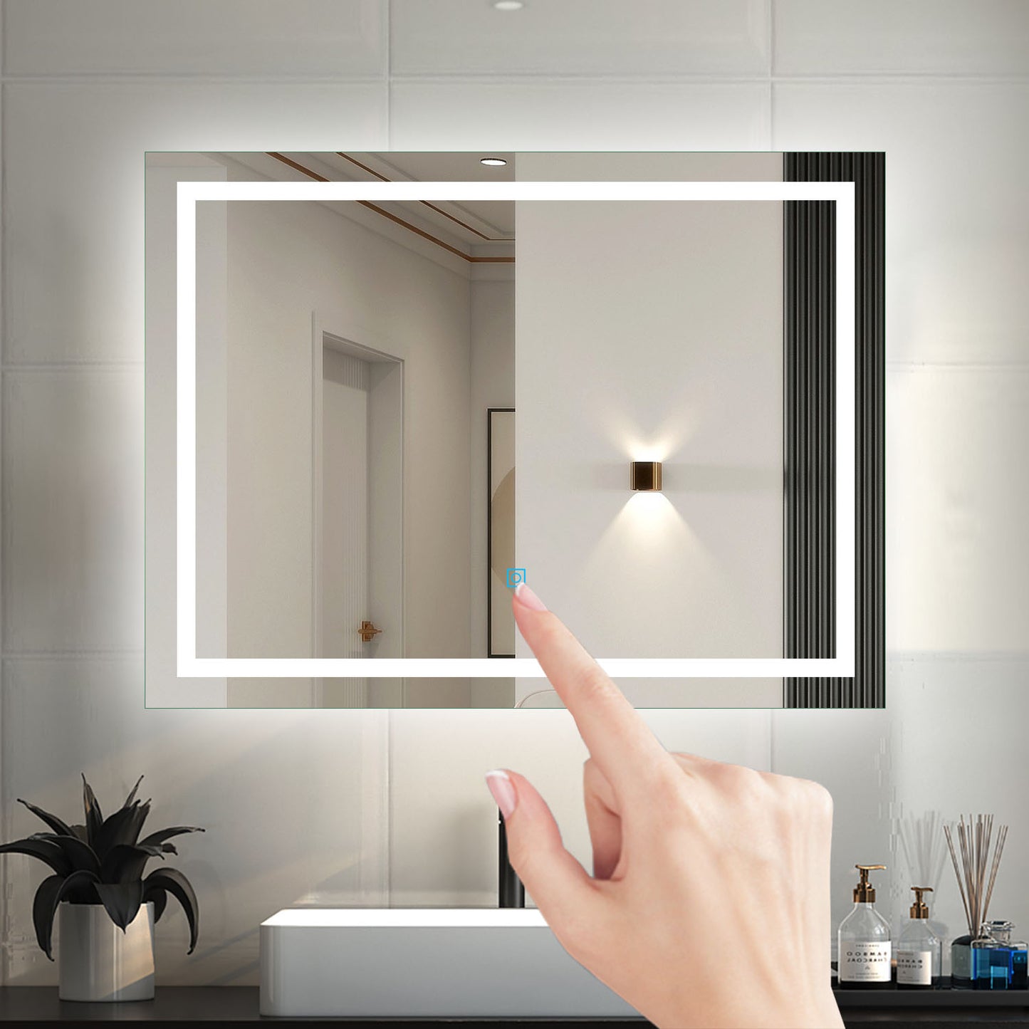 Specchio da bagno con illuminazione a LED Specchio rettangolare bianco freddo con funzione antiappannamento, interruttore tattile, specchio a parete