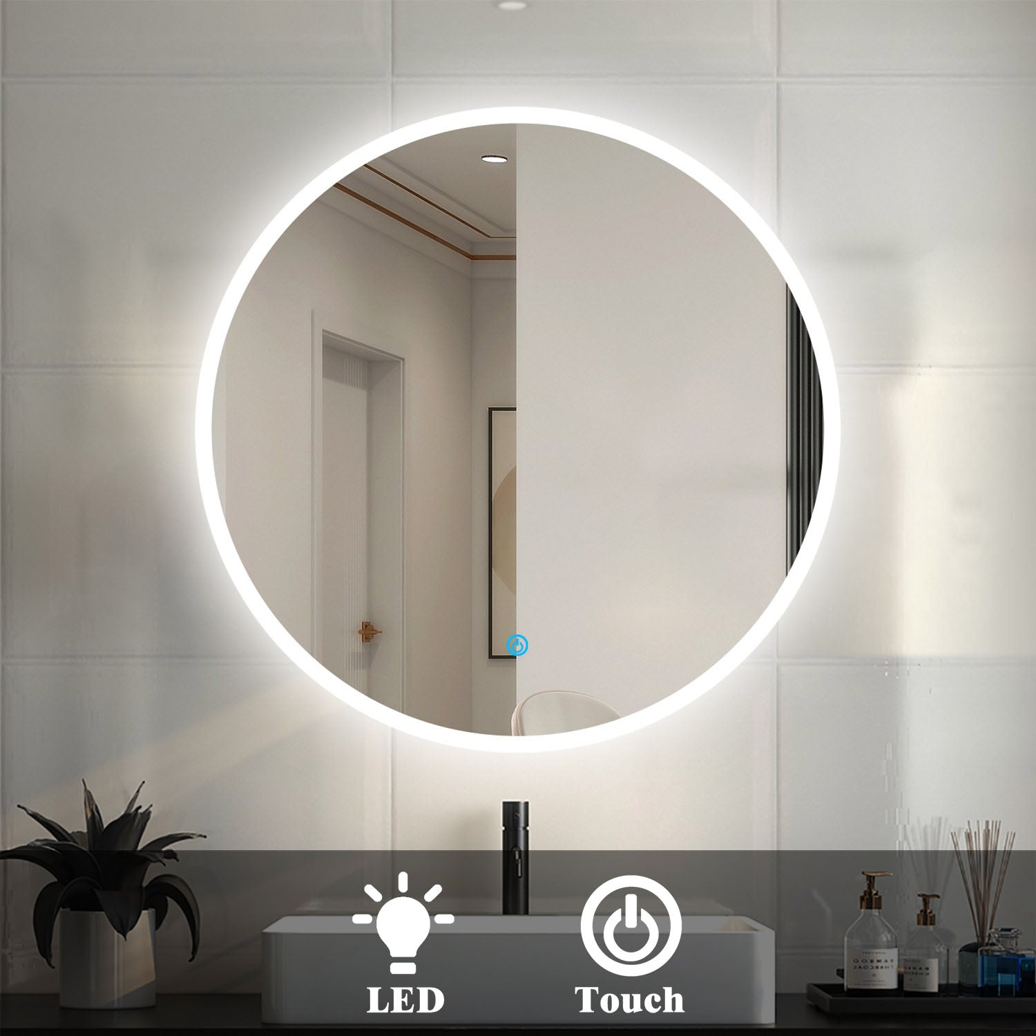 OCEAN Specchio LED Bagno Rotondo 60/70/80/90/100/120cm Anti-appannamento, Bianco Freddo 6000k / Tre luci 3000k-6000k, Retroilluminato Senza antiappannamento 60 x 60 cm