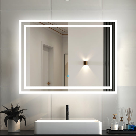 60×50 cm Specchio da bagno， Specchio led ，Bianco freddo + Interruttore touch + antiappannamento