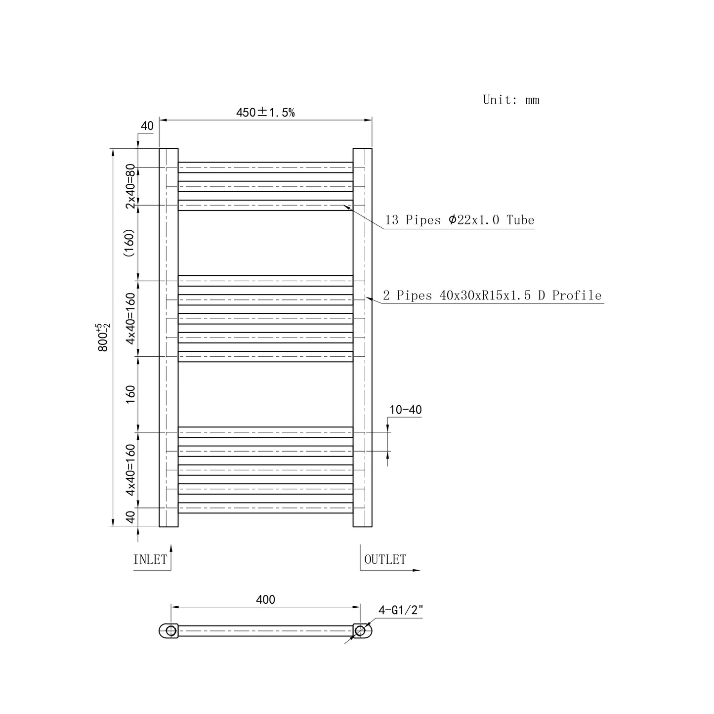 Bagno Radiatore Termoarredo Scaldasalviette Altezza 800MM Bianco