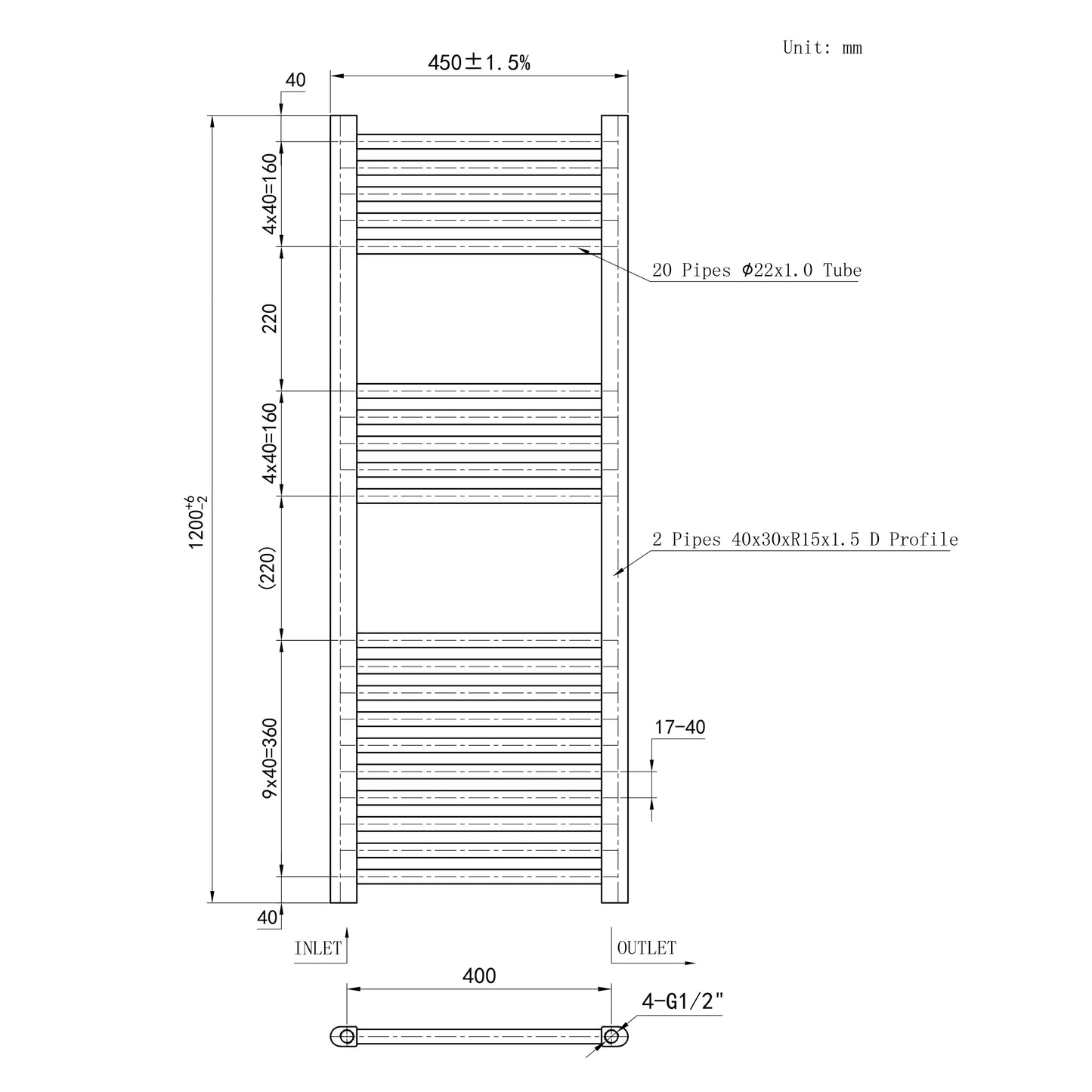 Bagno Radiatore Termoarredo Scaldasalviette Altezza 1200MM Bianco