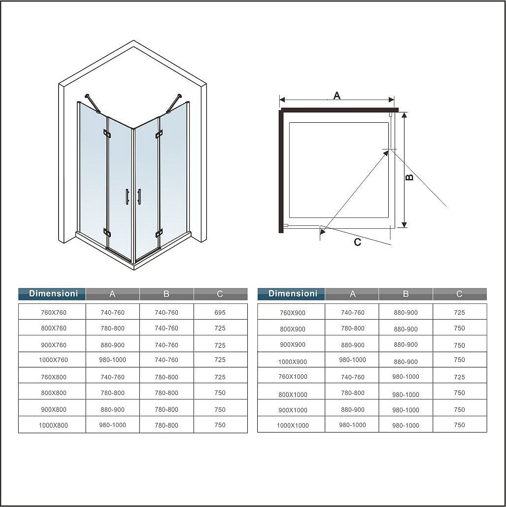 Box Doccia Angolare 190 cm Doppie Porte Battente con Due Barre Stabilizzatrici Vetro Temperato Trasparente Anticalcare 6 mm