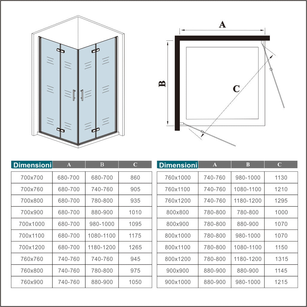 Ocean Box Doccia Angolare 185/195cm Due Porte a Battente Pieghevoli Vetro Temperato Trasparente 6 mm Anticalcare Dimensioni Multipli