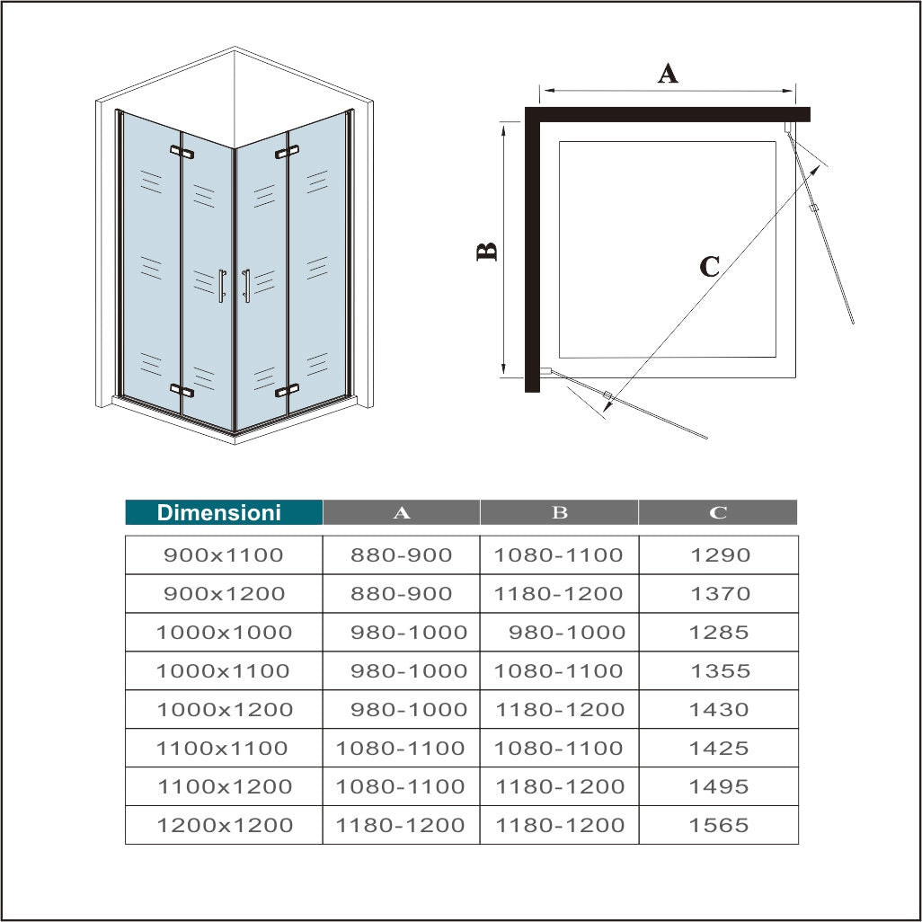 Ocean Box Doccia Angolare 185/195cm Due Porte a Battente Pieghevoli Vetro Temperato Trasparente 6 mm Anticalcare Dimensioni Multipli