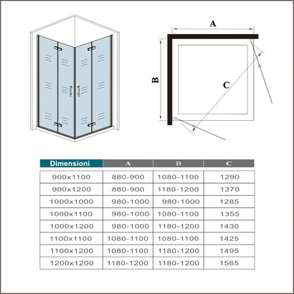 Ocean Box Doccia Angolare 185/195cm Due Porte a Battente Pieghevoli Vetro Temperato Trasparente 6 mm Anticalcare Dimensioni Multipli