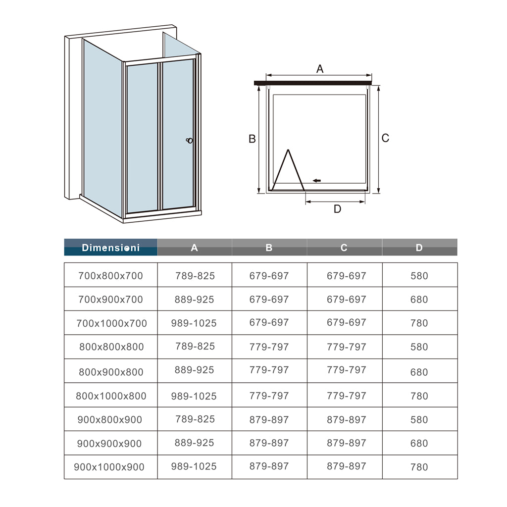 Ocean Box Doccia a Tre Lati 185 cm Porta Scorrevole in Vetro Temperato 4mm Fissa Due Pareti Laterali in Vetro 5mm Dimensioni Multiple