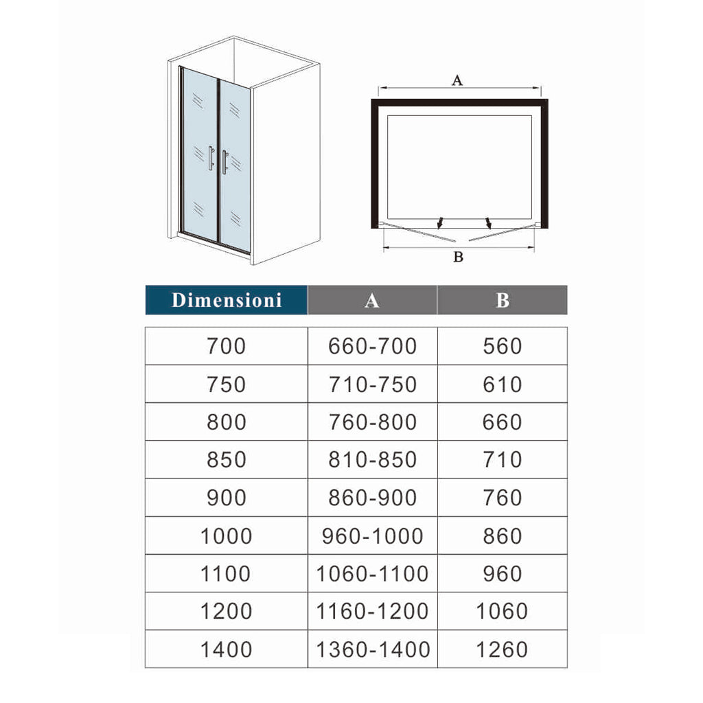 Ocean Box Doccia Porta Per Nicchia 185/195cm Doppie Ante Battenti Saloon in Vetro 6mm Temperato Trasparente Anticalcare Dimensioni Multiple