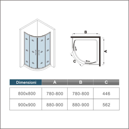 Box Doccia Semicircolare alto 195cm Porta Apertura Scorrevole Vetro Temperato da 6 mm Trasparente Anticalcare Telai In Alluminio cromo lucidi