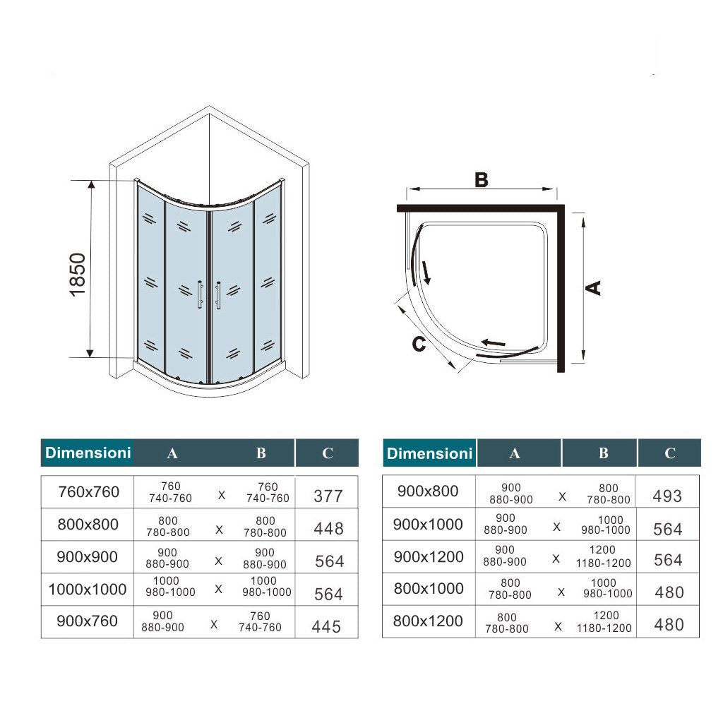 Ocean Box Doccia Semicircolare alto 185cm Porta Scorrevole Vetro Temperato da 6 mm Trasparente Anticalcare Telai In Alluminio cromo lucidi