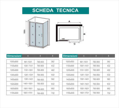 Ocean Box Doccia Angolare Alto 185 cm Porta Scorrevole con Parete Laterale Vetro Temperato 5 mm Profilo Cromato Lucido