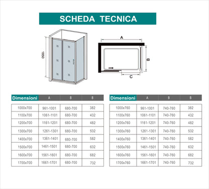 Ocean Box Doccia Angolare Alto 185 cm Porta Scorrevole con Parete Laterale Vetro Temperato 5 mm Profilo Cromato Lucido