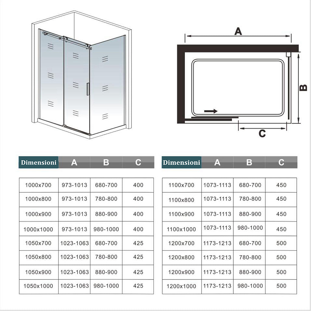 Ocean Box Doccia Angolare Porta Scorrevole alta 195cm Vetro Temperato Trasparente 8mm Anticalcare Telai Alluminio Cromato Lucido varie dimensioni