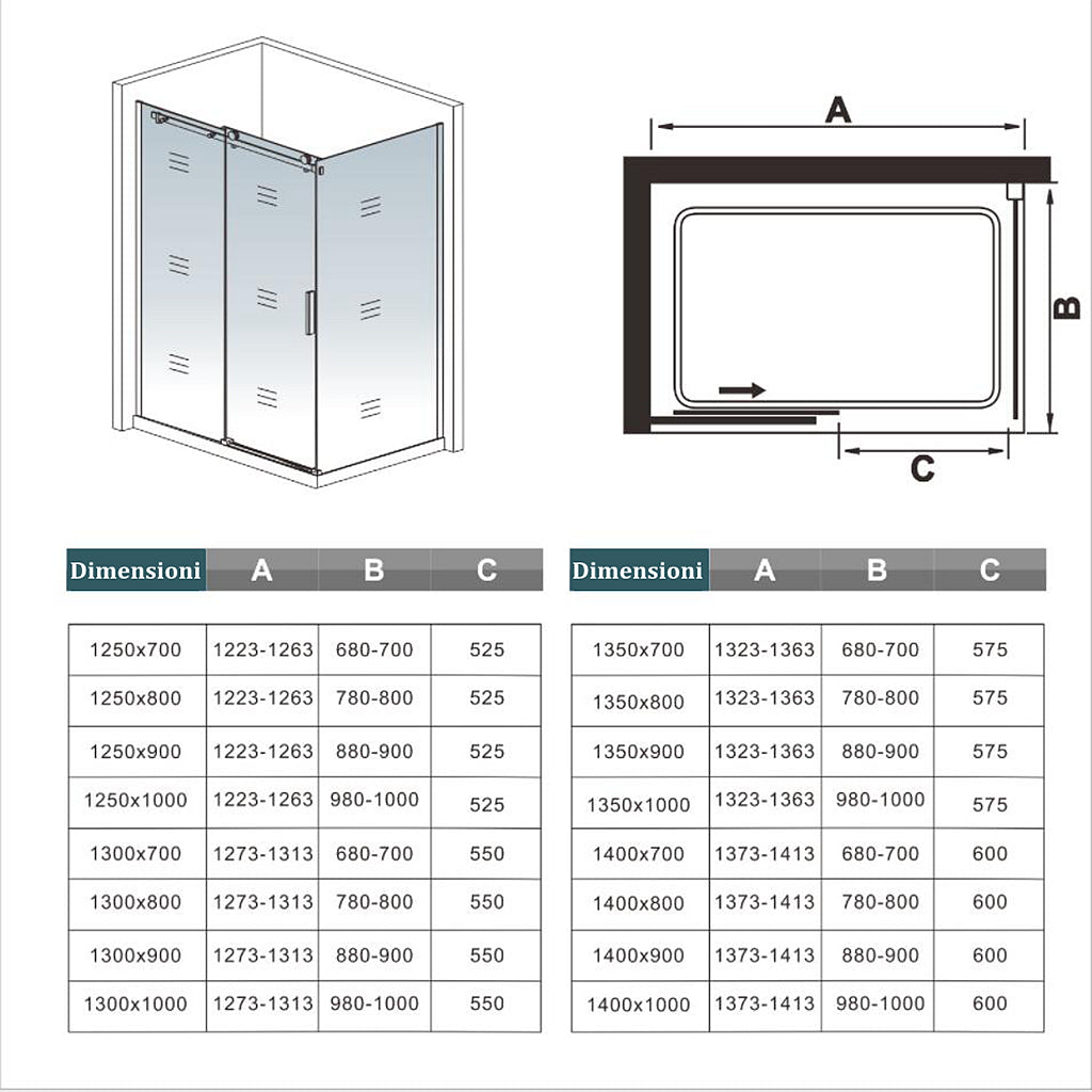 Ocean Box Doccia Angolare Porta Scorrevole alta 195cm Vetro Temperato Trasparente 8mm Anticalcare Telai Alluminio Cromato Lucido varie dimensioni