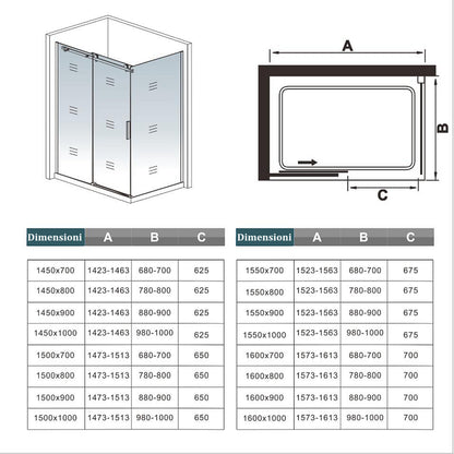 Ocean Box Doccia Angolare Porta Scorrevole alta 195cm Vetro Temperato Trasparente 8mm Anticalcare Telai Alluminio Cromato Lucido varie dimensioni