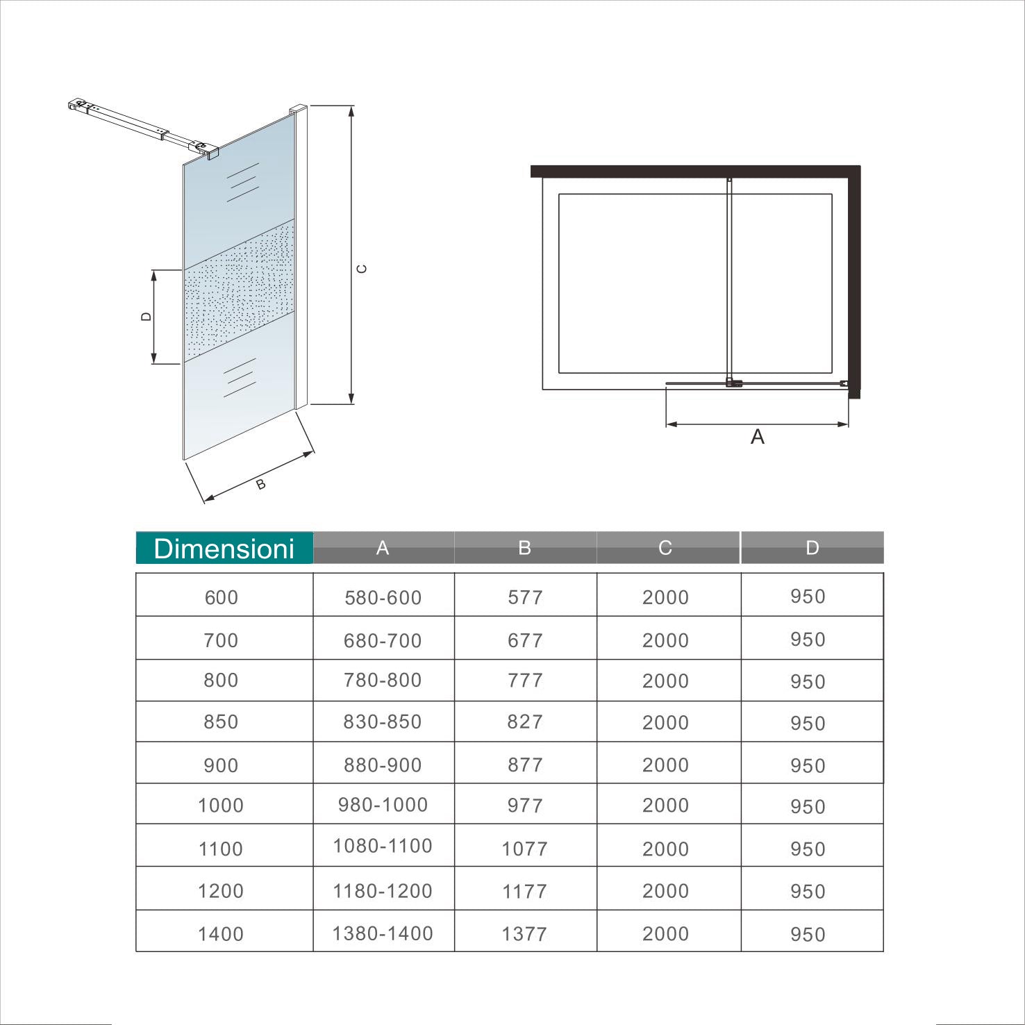 Parete doccia 60-100cm Walk In vetro temperato trasparente Anti-Frantumi da 8mm Striscia Satinata-Opaca Centrale 140cm Barra Stabilizzatrice