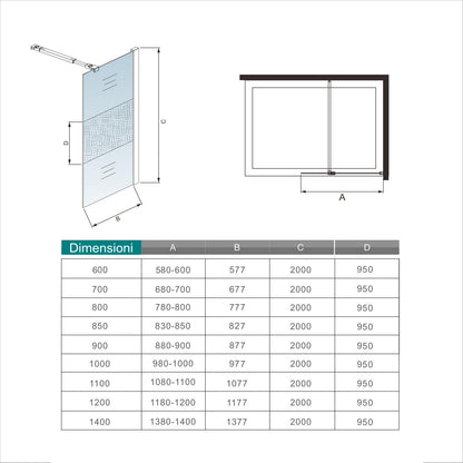 Parete doccia 60-100cm Walk In vetro temperato trasparente Anti-Frantumi da 8mm Striscia Satinata-Opaca Centrale 140cm Barra Stabilizzatrice