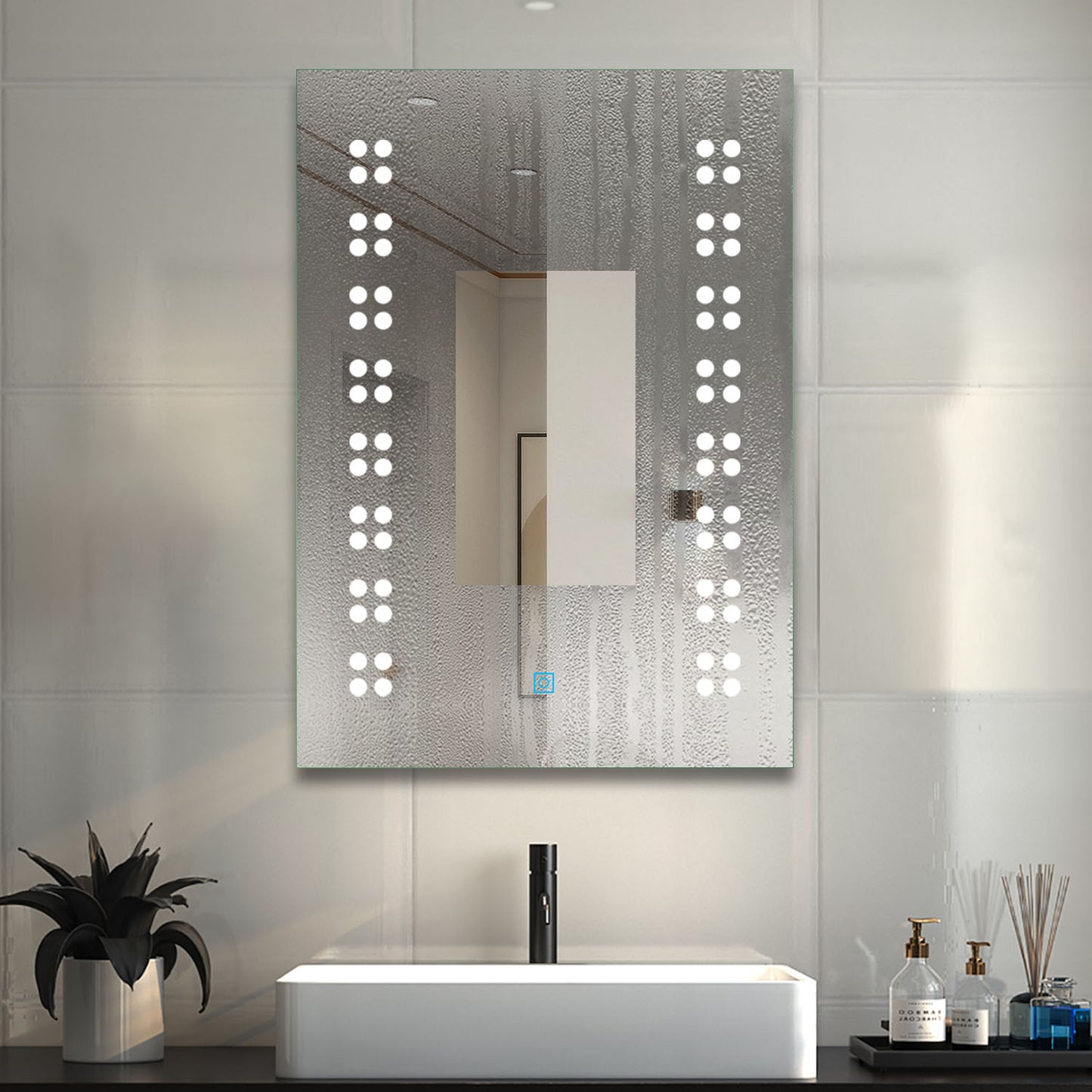 Specchio Cosmetico per Specchio da Bagno Quadrato 70 × 50 cm, Anti-appannamento, Luce Bianca Fredda Morbida, Tecnologia a Prova di Umidità IP44