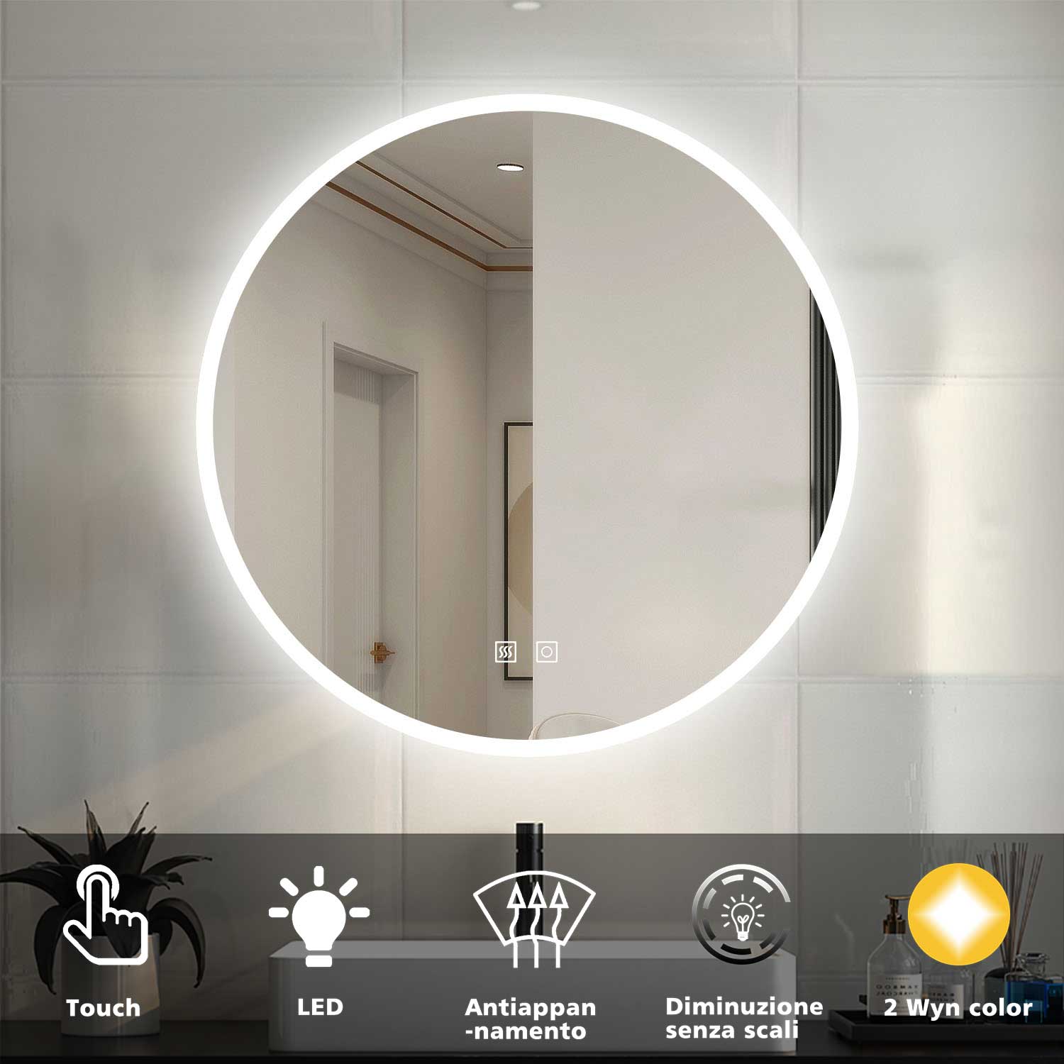 OCEAN Specchio LED Bagno Rotondo 60/70/80/90/100/120cm Anti-appannamento, Bianco Freddo 6000k / Tre luci 3000k-6000k, Retroilluminato Luce regolabile 80 x 80cm