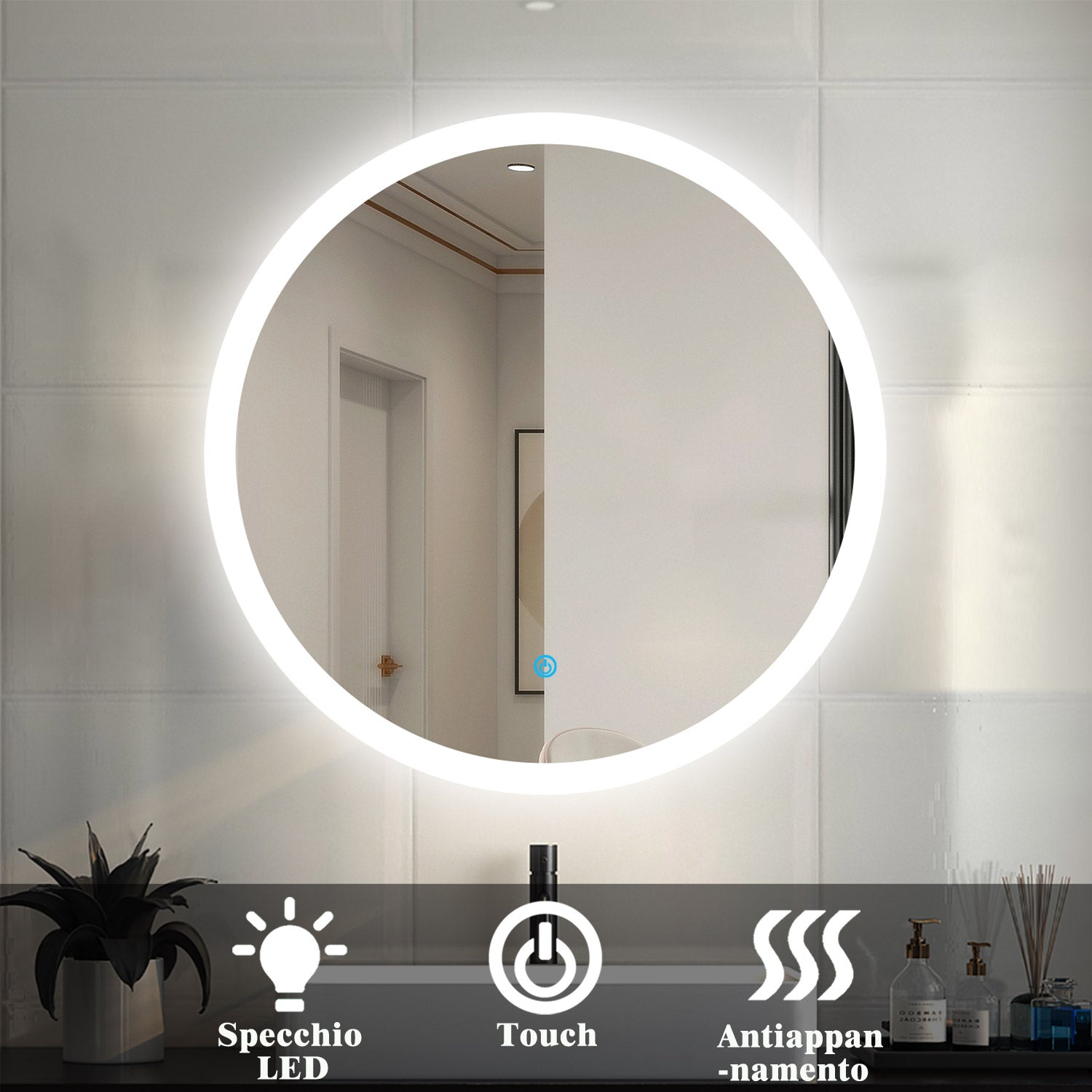 OCEAN Specchio LED Bagno Rotondo 60/70/80/90/100/120cm Anti-appannamento, Bianco Freddo 6000k / Tre luci 3000k-6000k, Retroilluminato Cerchio di luce grassa sul bordo 60 x 60 cm
