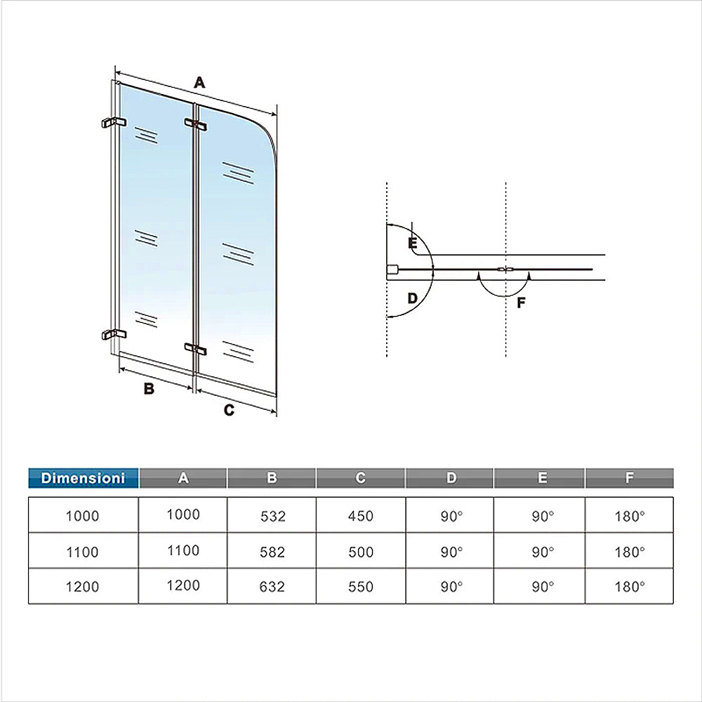 Ocean Sopravasca H.140cm Parete per Vasca con Due Ante Movibili Parete Vasca Vetro Temperato Trasparente 5mm Cerniere per Fissaggio a Muro