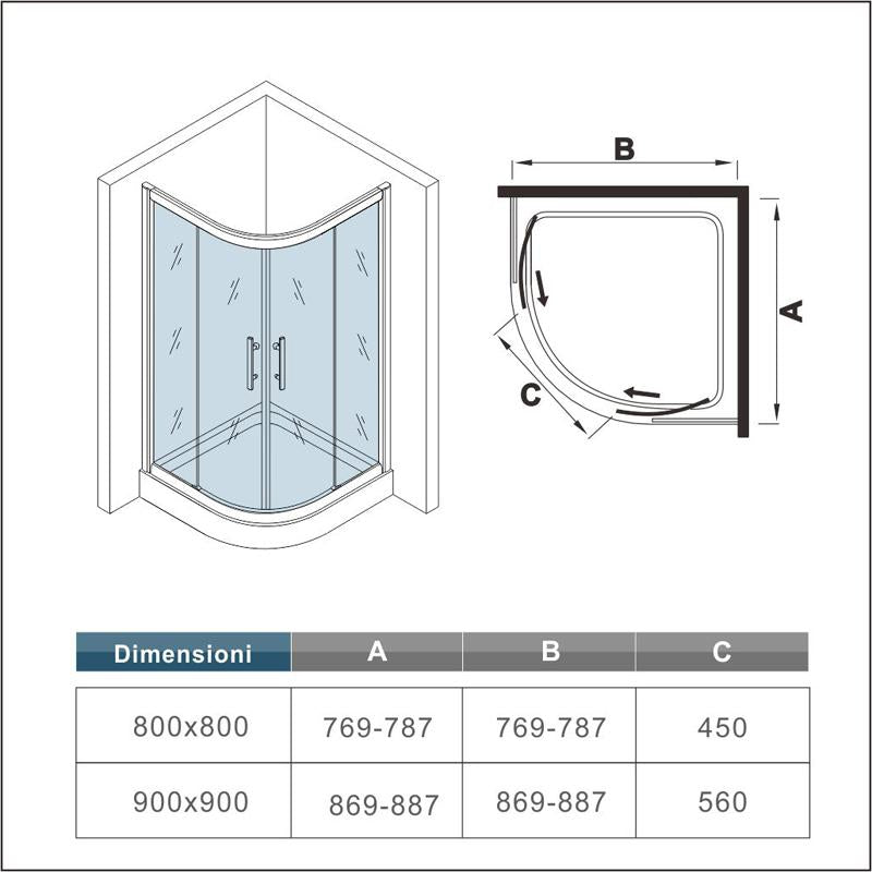 Ocean Box Doccia Semicircolare Apertura Scorrevole alto 185 cm Vetro Temperato 6 mm Easyclean Trasparente Anticalcare Telaio Cromato Lucido