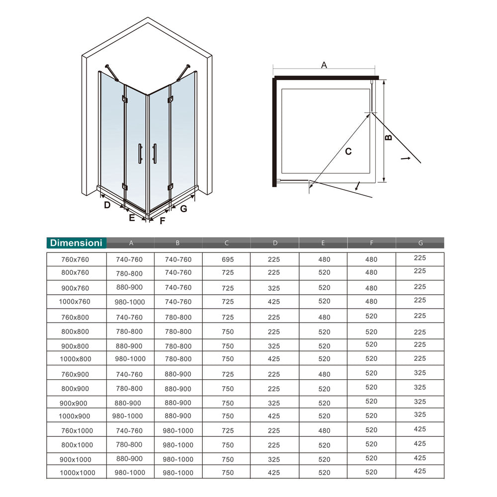 Ocean Box Doccia Angolare 195 cm Doppie Porte Battenti Vetro Temperato Anticalcare Trasparente 6 mm Due Barre Stabilizzatrici