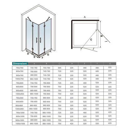 Ocean Box Doccia Angolare 195 cm Doppie Porte Battenti Vetro Temperato Anticalcare Trasparente 6 mm Due Barre Stabilizzatrici