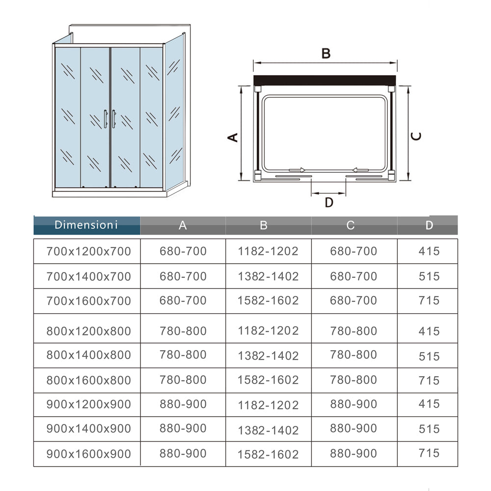 Ocean 190 cm Box doccia a Tre Lati Porta Scorrevole 4 Pannelli con Doppie Pareti Laterali Vetro da 5 mm Temperato Trasparente