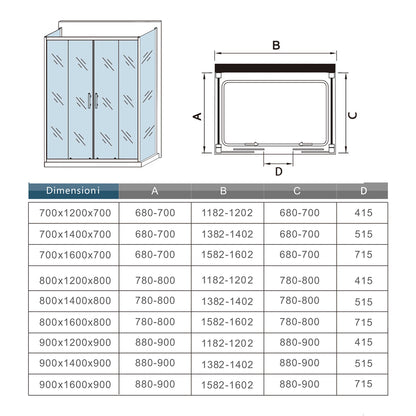 Ocean 190 cm Box doccia a Tre Lati Porta Scorrevole 4 Pannelli con Doppie Pareti Laterali Vetro da 5 mm Temperato Trasparente