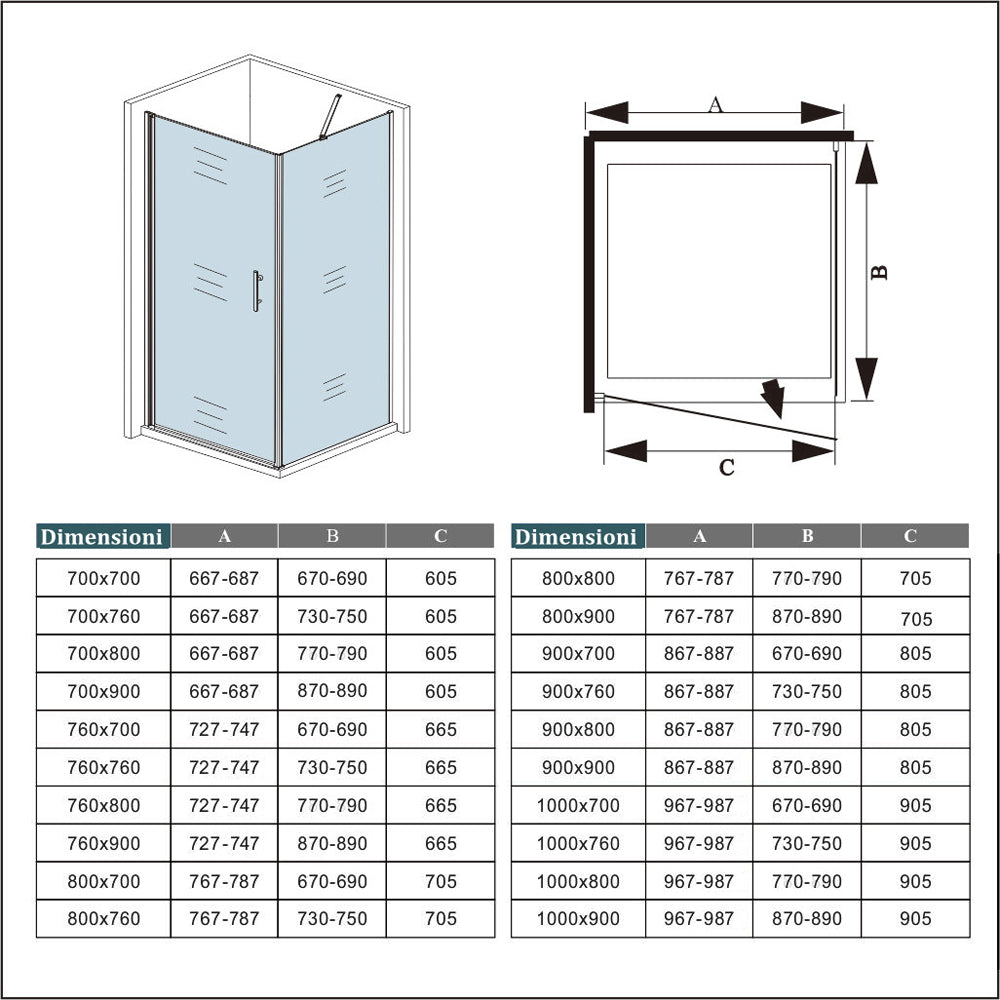 Ocean Box Doccia Angolare Alto 185/195 cm Porta Battente con Parete Fissa Vetro Temperato 6 mm Anticalcare inclusa Barra Stabilizzatrice