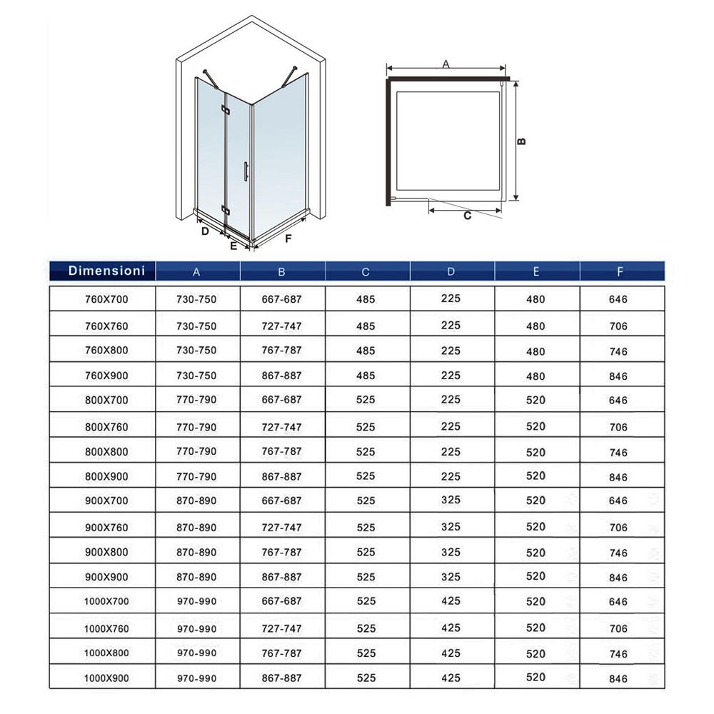 Ocean Box Doccia Angolare 195 cm Porta Battente con Parete Fissa Vetro Temperato Anticalcare da 6 mm e Barra Stabilizzatrice